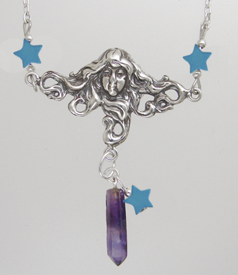 Sterling Silver Woman Maiden of the Morning Star Necklace With Amethyst And Turquoise Stars